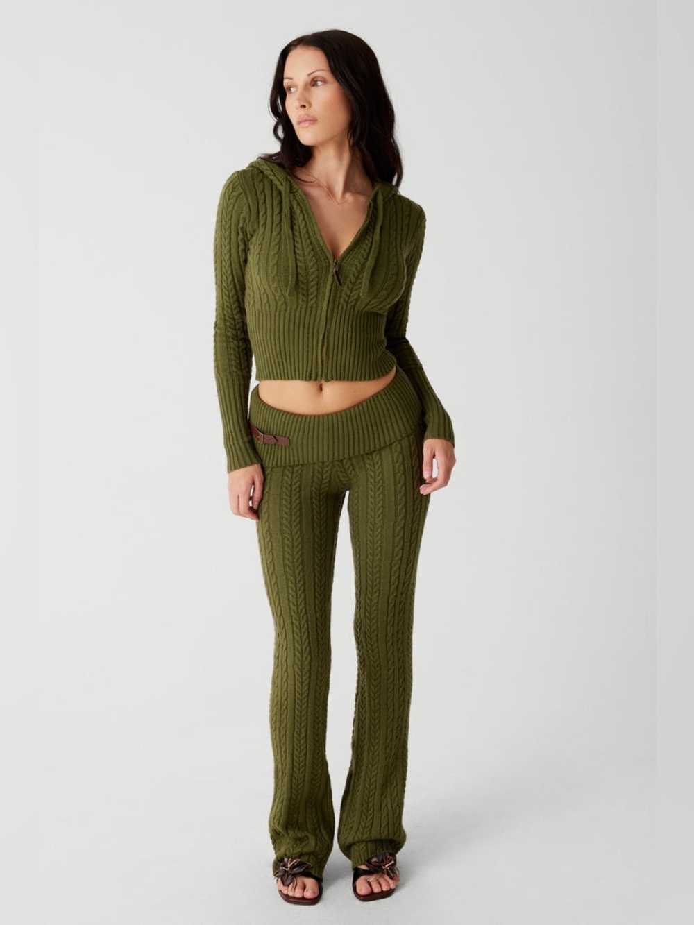 Frankie’s Bikinis Cable Cloud Knit Hoodie + Pant Set in Jade Green